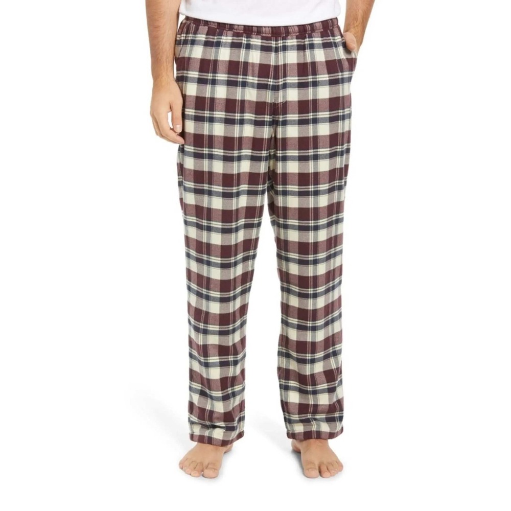 LL Bean Fleece Lined Flannel Pajama Pants Mens L SHORT Burgundy Plaid Sleepwear